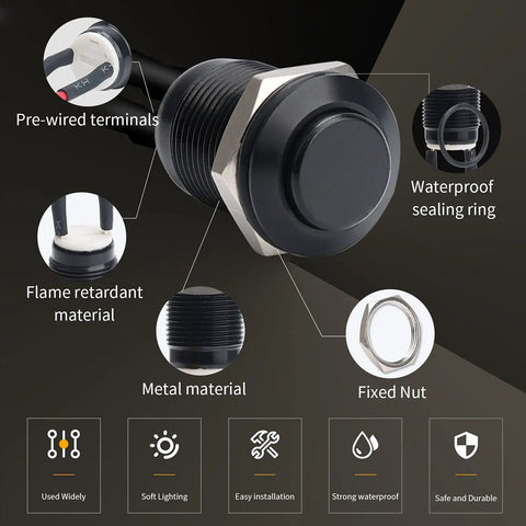 Diagram showing features of 12mm Momentary Push Button Switch Waterproof IP65 Black Aluminum Alloy Shell Pre Wired 5 Pack, including pre-wired terminals and waterproof sealing ring.