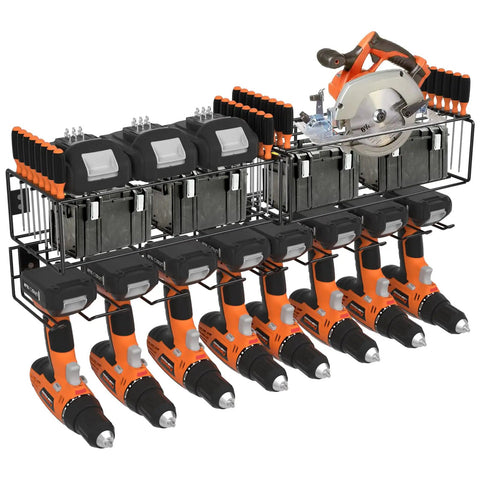 Two Set Power Tool Organizer Wall Mount System With 16 Inch Drill Holder And Screwdriver Rack fully loaded with tools