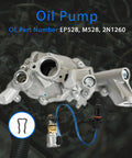 Oil pump with part numbers EP528, M528, 2N1260, over engine background for automotive use