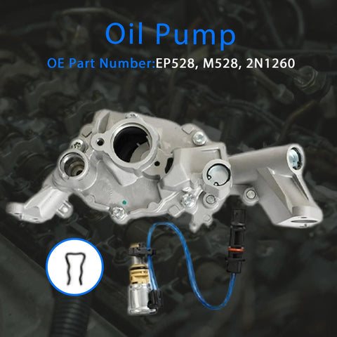 Oil pump with part numbers EP528, M528, 2N1260, over engine background for automotive use