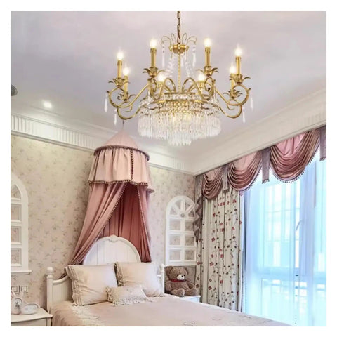 Retro Brass Pendant Light,Villa Living Room Luxury Decorative Chandelier in a bedroom with pink decor, featuring eight lights and crystals.