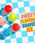 Glowing Electric Snow Cone Maker For Home Use Quick Ice Crusher With 2 Easy Clean Molds colorful shaved ice cups on blue checkered surface.