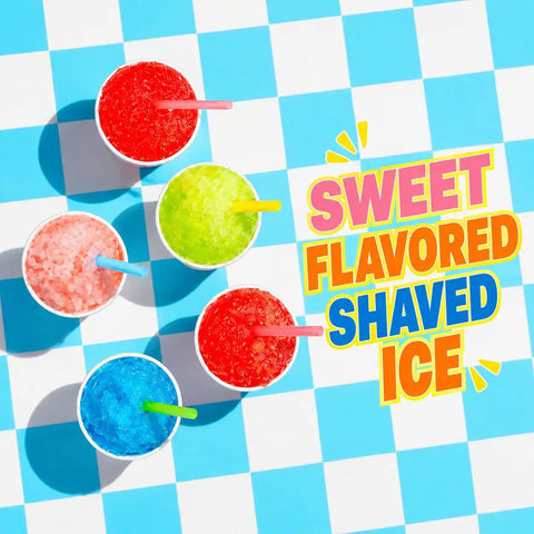 Glowing Electric Snow Cone Maker For Home Use Quick Ice Crusher With 2 Easy Clean Molds colorful shaved ice cups on blue checkered surface.