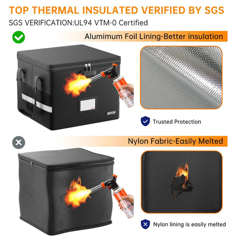 Fireproof Doc Box With Lock For 5200F Heat Insulation showcasing fire resistance, aluminum foil lining, and nylon material comparison.