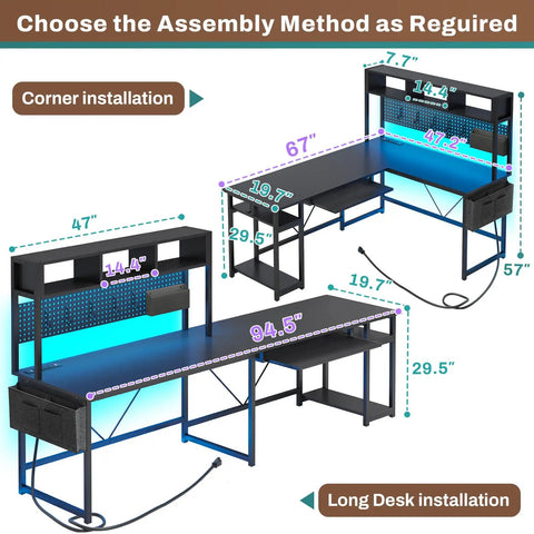 L Shaped Gaming Desk With Power Outlet LED Lights Pegboard Keyboard Tray Storage Bag Headphone Hook CPU Stand Reversible Corner Desk For Home Office Holds 3 Monitors Black assembly options