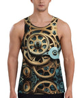 Street Style Dope Steampunk Mechanical Gears Print Mens Tank Top Hella Breathable Ultra Lightweight Quick Dry Sleeveless Gym Shirt For Casual Workouts Black front view with gear design