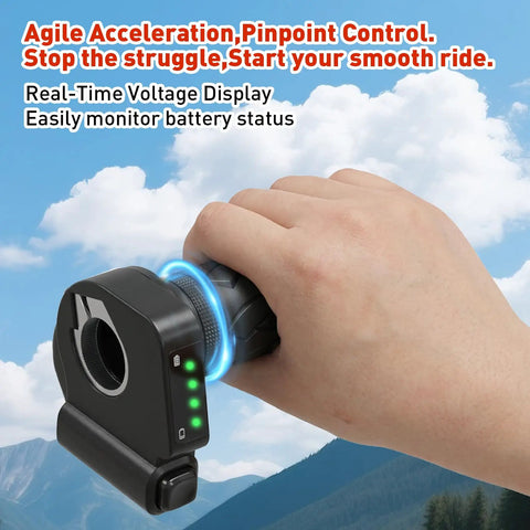 Hand holding 48V Electric Bike Throttle Grip With LCD Voltage Display And Cruise Control Easy Plug And Play 6 Pin Accelerator