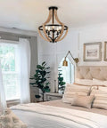 Solid Wood Modern Farmhouse 5 Light Chandelier For Dining Room And Kitchen Island Adjustable Height Brown Finish Rustic Chic Pendant Lighting For Living Room Foyer Over Table Handcrafted And Eco Friendly installed in a bedroom showcasing its rustic charm.