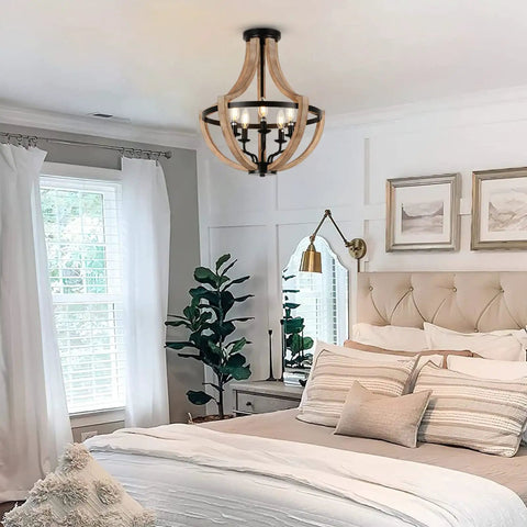 Solid Wood Modern Farmhouse 5 Light Chandelier For Dining Room And Kitchen Island Adjustable Height Brown Finish Rustic Chic Pendant Lighting For Living Room Foyer Over Table Handcrafted And Eco Friendly installed in a bedroom showcasing its rustic charm.