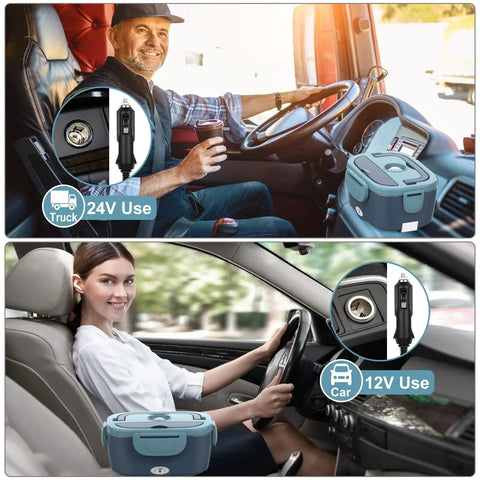 Hot On The Go Electric Lunch Box Heats Your Meal Anywhere 80W Portable Food Warmer in use in car and truck, blue color.
