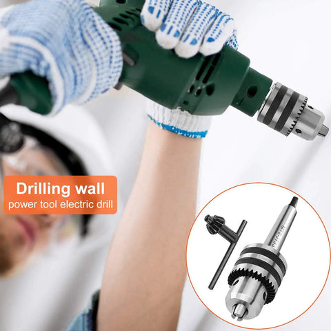 Person using power drill with Pro Grade MT2 Drill Chuck 1/32 to 5/8 Inch for Lathe and Drill Press, Heavy Duty Quick Change Shank visible.