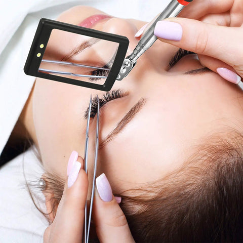 LED Mirror Inspection Set Must Have Two Piece Telescoping Round And Square Mirrors With Bright LED Light Ideal For Vehicle Maintenance And Small Part Checks Eyelashes And Mouth Compact Portable Great For Garage Toolbox Or Car in use for eyelash application