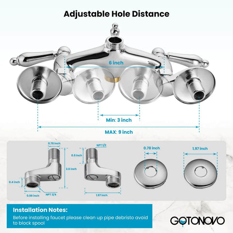 Wall Mount Clawfoot Tub Faucet With Handheld Shower Sprayer, Double Function Diverter, Adjustable Swing Arms, 6 to 9 Inch