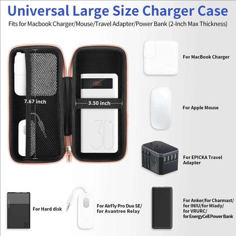 Universal large size charger case for MacBook, measuring 7.67 x 3.50 inches, ideal for adapters and power banks.
