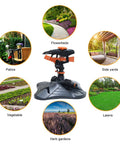 360 Degree Yard Sprinkler With Adjustable 45 To 90 Degree Spray, Rotating Garden Sprinkler Head shown with garden and lawn areas