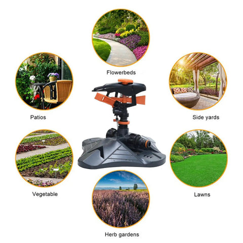 360 Degree Yard Sprinkler With Adjustable 45 To 90 Degree Spray, Rotating Garden Sprinkler Head shown with garden and lawn areas