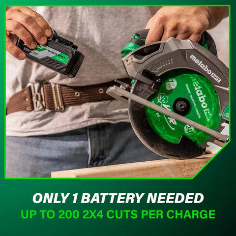 Man inserting battery into Go To 18V MultiVolt Cordless Circular Saw With 7 1/4 Inch Blade High Torque Lightweight Build Cuts Up To 200 2x4s Per Charge Accepts 18V And 36V Batteries Tool Body Only