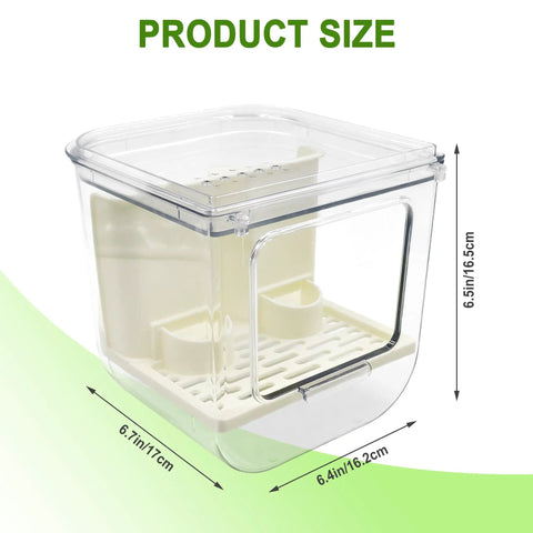 Top Shelf Cage Mounted Bird Feeder Keeping The Mess At Bay With Non Spill Design And Plenty Of Seed Space Featuring A Solid Perch For Your Feathered Friends To Chow Down In Comfort, translucent feeder showing dimensions 6.5in x 6.7in.