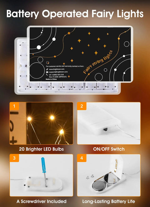 Product packaging and features of Six Pack Battery Operated Fairy Lights With Seven Foot Copper Wire 20 LED Waterproof String Lights For DIY Crafts Wedding Decor Table Centerpieces Mason Jars Party Ambiance