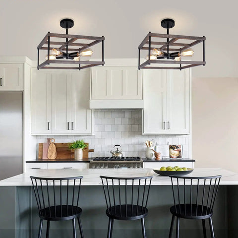 4 Light Farmhouse Semi Flush Mount Ceiling Light Rustic Wood And Black Metal Industrial Vibe Fixture For Living Room Dining Room Hallway Kitchen Entryway Now