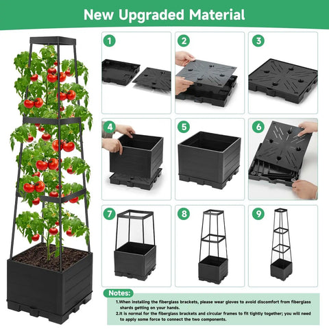 2 Pack Tomato Planter Pots With Raised Bed Trellis And 45 Inch Climbing Cages for easy assembly and planting solution.