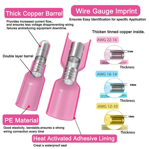120 Piece Heat Shrink Bullet Wire Connectors Kit 22 10AWG Waterproof Male And Female Connectors in pink with copper barrel