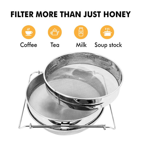 Stainless Steel Honey Strainer With Double Sieve Filter For 5 Gallon Buckets Beekeeping Tools showing versatile uses for liquids.