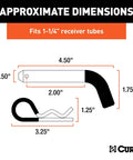 Diagram showing dimensions of Trailer Hitch Pin And Clip With Vinyl Coated Grip Half Inch Diameter Fits One And One Quarter Inch Receiver Zinc Clear Finish