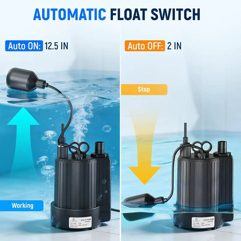 Professional Heavy Duty Submersible Sump Pump With Automatic Float Switch, showing float mechanism in water for auto activation.