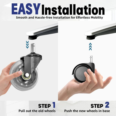 Sytopia office chair casters: left panel shows removing old 2-inch universal stem caster; right installs new caster.