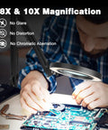Ultimate Crafting Desk Magnifier Lamp with Light, 8x and 10x Dual Magnification Glass used for detailed electronic repair work.