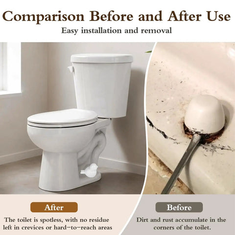 Comparison of toilet condition before and after installing Straight Up Upgrade Your Bath With These Slick Ceramic Toilet Bolt Covers.