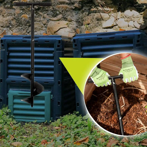 Easy To Use Outdoor Compost Aerator Tool For Manual Turning And Stirring, black steel tool in front of compost bins