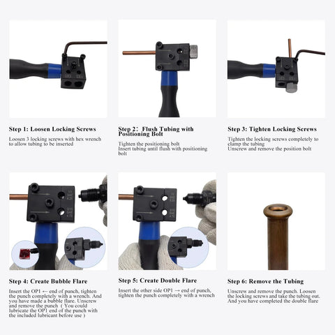 ZUXUSE brake line flaring tool kit with 3/16 in and 1/4 in dies; blue handle, black head, six-step instruction collage