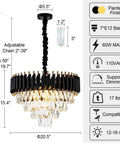 Diagram of a 15 Inch Five Light Modern Crystal Chandelier With Three Tier Black And Gold Finish For Dining Room specifications.