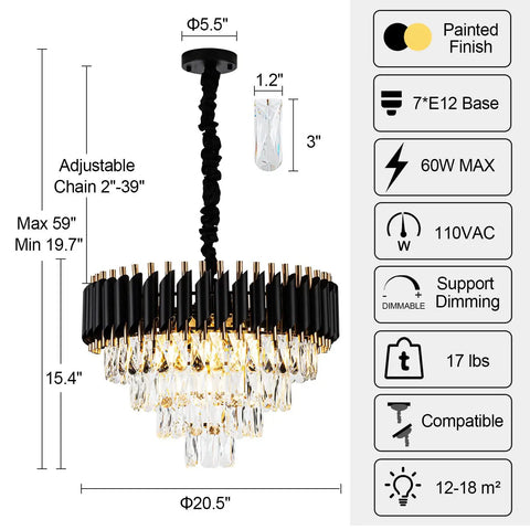 Diagram of a 15 Inch Five Light Modern Crystal Chandelier With Three Tier Black And Gold Finish For Dining Room specifications.