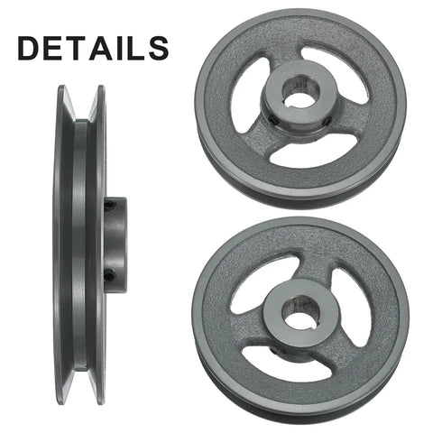 Beefy Single Groove V Belt Sheave For 4L Or A Belts One-Eighth Inch Bore 5.45 Inch Outer Diameter Cast Iron Web Sheave Bored-To-Size With Standard Keyway And Hollow Head Set Screws Heavy Duty Wear-Resistant Drive Component side and front views