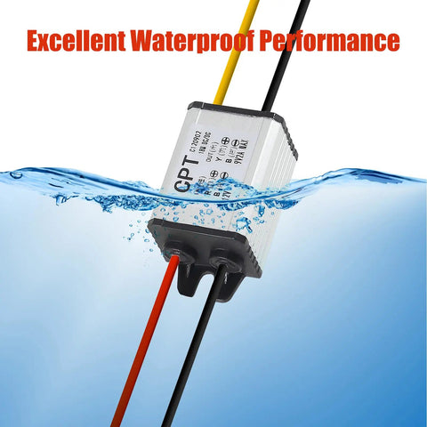 Two Pack DC Buck Converter Step Down Regulator 8 To 22V Input To 3 To 15V Output 5V 12V 3A 11W Beefy Waterproof shown submerged