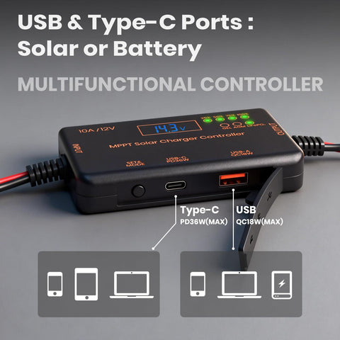 10 Amp 12 Volt MPPT Solar Charge Controller With LCD Display And USB C PD 36W Plus USB A QC 18W for portable devices