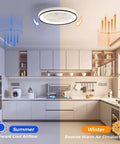 19 Inch Enclosed Bladeless Flush Mount Ceiling Fan with RGB Dimmable Light showing cool airflow for summer and warm circulation for winter.