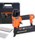Straight Shooter 18 Gauge Pneumatic Brad Nailer And Twofer Air Stapler crafted from lightweight aluminum with two nail strips in view.