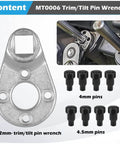 Beefed Up Heavy Duty Trim Tilt Pin Wrench 32mm By 4.5 And 4mm for Hydraulic Cylinders, shown with pins and usage example.