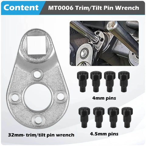 Beefed Up Heavy Duty Trim Tilt Pin Wrench 32mm By 4.5 And 4mm for Hydraulic Cylinders, shown with pins and usage example.