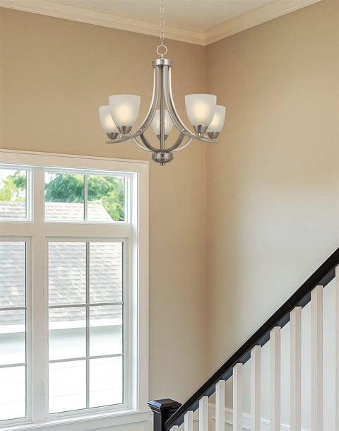 Farmhouse 24 Inch Five Light Chandelier With Clear Glass Shades, Adjustable Chain, Smoked Birch Finish in entryway setting