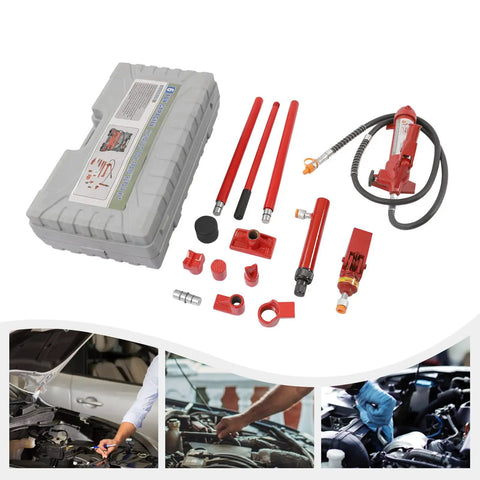 Heavy Duty Hydraulic Jack And Auto Body Frame Straightener Kit With Secure Carry Case Hella Solid Zero Leak Design 4 To 6 Ton Garage Rig for repair tools.