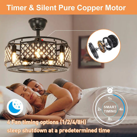 Industrial Matte Black 18 Inch Ceiling Fan With Remote And Lights Flush Mount Kitchen Ceiling Fan displayed in bedroom with timer features