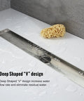 32 Inch Linear Shower Drain With Removable Grate Cover AISI 304 Stainless Steel Floor Drain shown with water and sponge