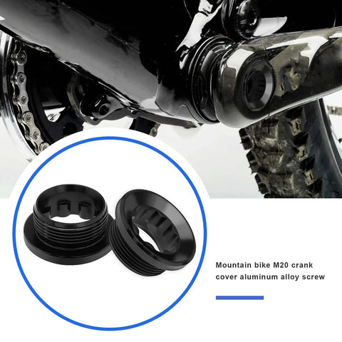Two Pack Aluminum Crank Adjusting Caps With Tool For Shimano Deore XT SLX XTR UT DA M20 Hollow Cranksets Crank Cover Screws Nuts Bolt Black Durable Aluminum Alloy Construction For Weather Resistant Performance, shown near a bike crankset in black.