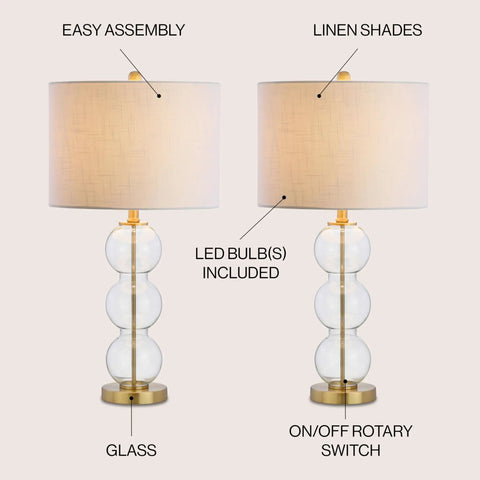 Clear Glass Triple-Sphere Table Lamps Set Of 2 With Brass Accents And White Linen Shade 27-Inch Tall Modern Bedside Lamps For Living Room Bedroom Or Office LED Bulbs Included, showcasing glass spheres and linen shade.