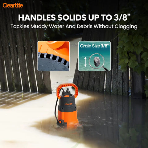 Go-To 1/3 HP Submersible Utility Pump With Auto Water Sensor and 2790 GPH High Flow, Portable Sump Drain for Flooded Basements, Yards, Hot Tubs, Ponds and Garden Draining, Dual Auto and Manual Modes handles 3/8-inch solids in muddy water